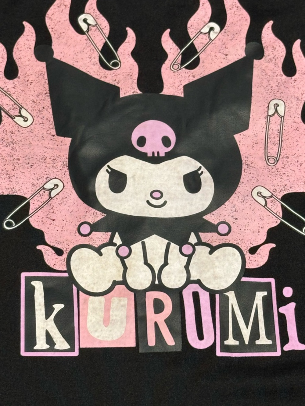 Sanrio Kuromi Bodysuit Small Black Pink Flames Safety Pins NWOT Mall Goth Y2K